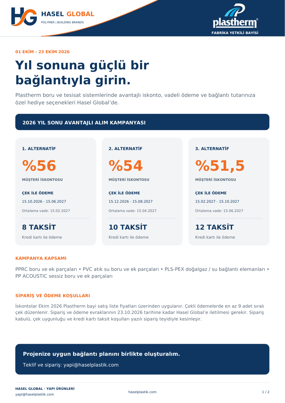 Hasel Global Plastherm yıl sonu kampanyası: iskonto ve vade seçenekleri